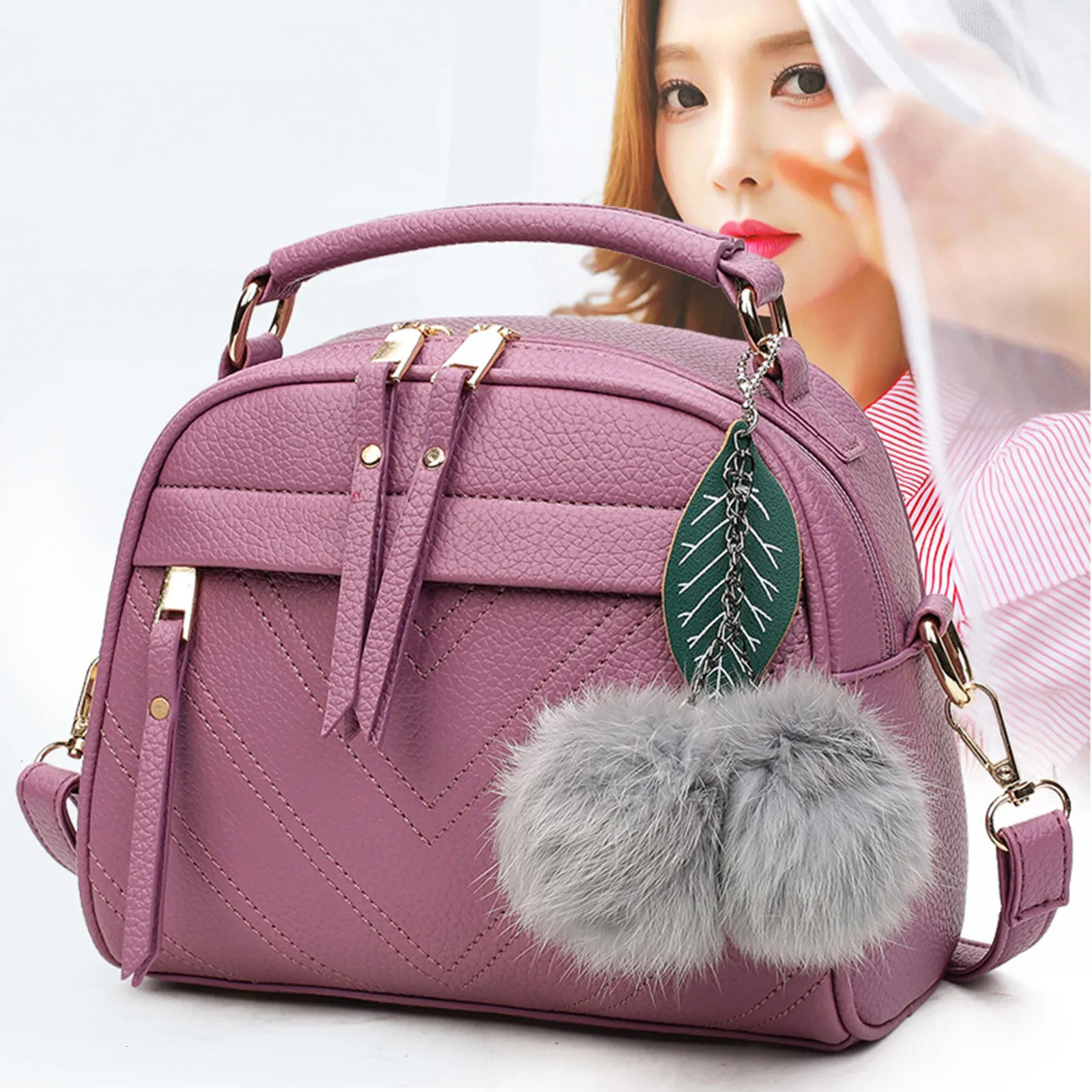 Ship from US One Shoulder Bag For Women Handbag Tote Fashion Purse Leather Pendant Womens Furry 250227FBB