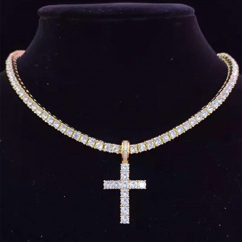 Men Women Hip Hop Cross Pendant Necklace with 4mm Zircon Tennis Chain Iced out Bling Necklaces HipHop Jewelry Fashion Gift 250227