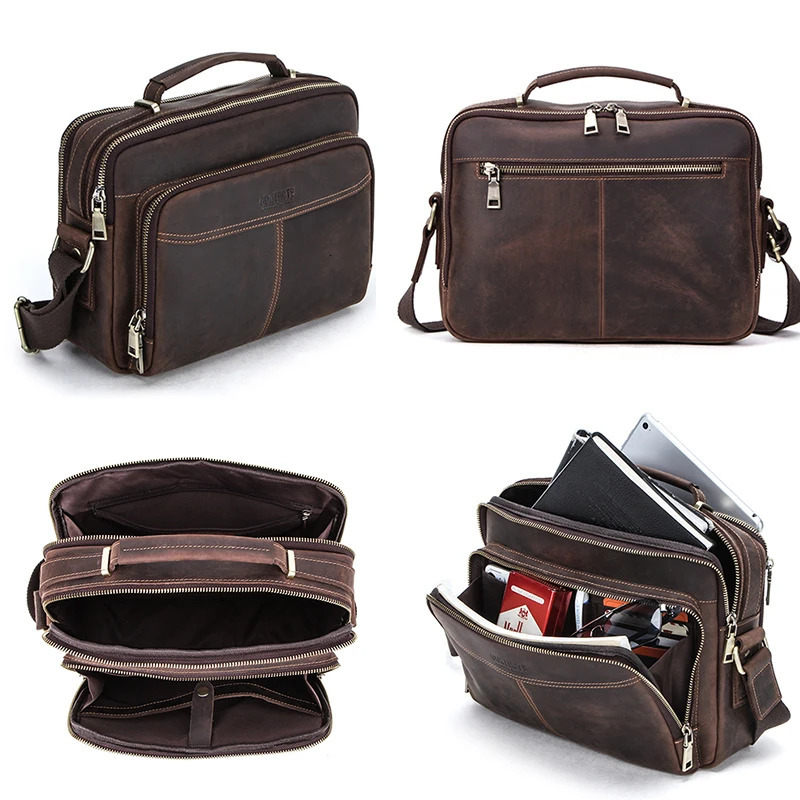 Ship from US CONTACTS Crazy Horse Leather Men Messenger Bag Vintage Man Crossbody Handbags Large Capacity Male Shoulder Bags 250227FBB