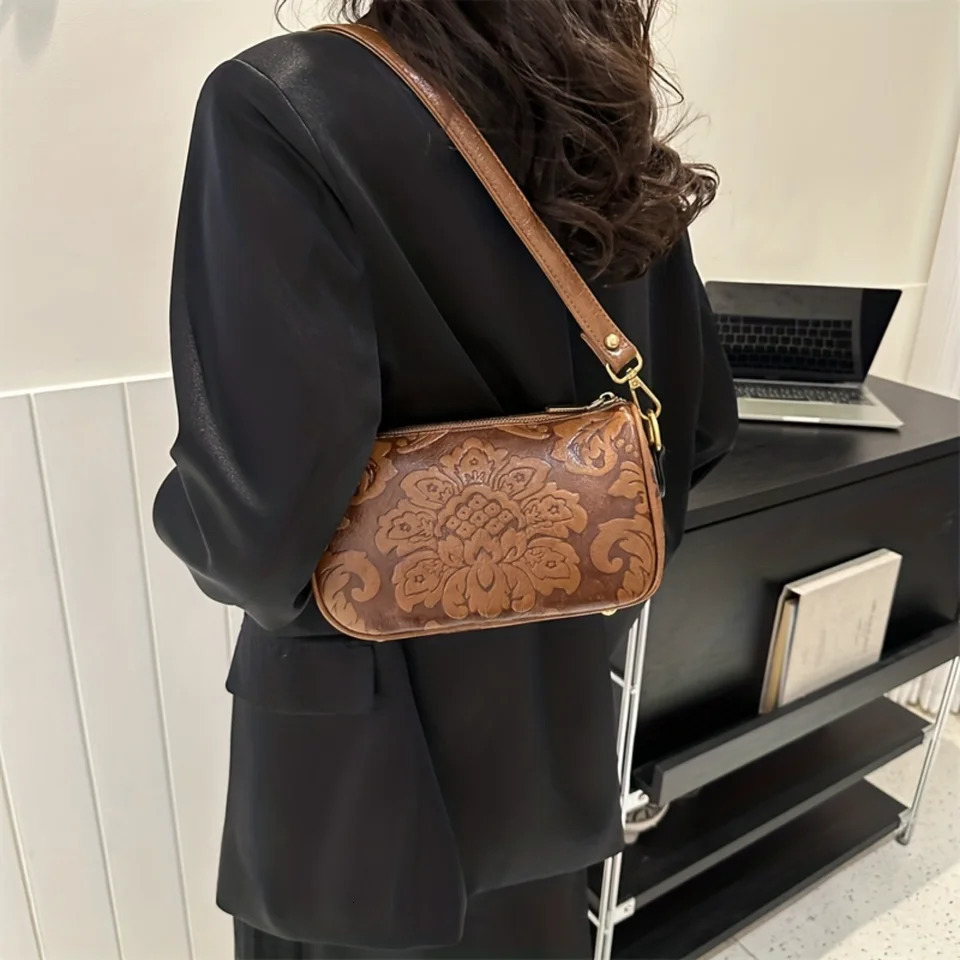 Ship from US Retro Flower Embossed Crossbody Bag Fashion PU Leather Boston Womens Ethnic Strap Shoulder Purse w250227FBB