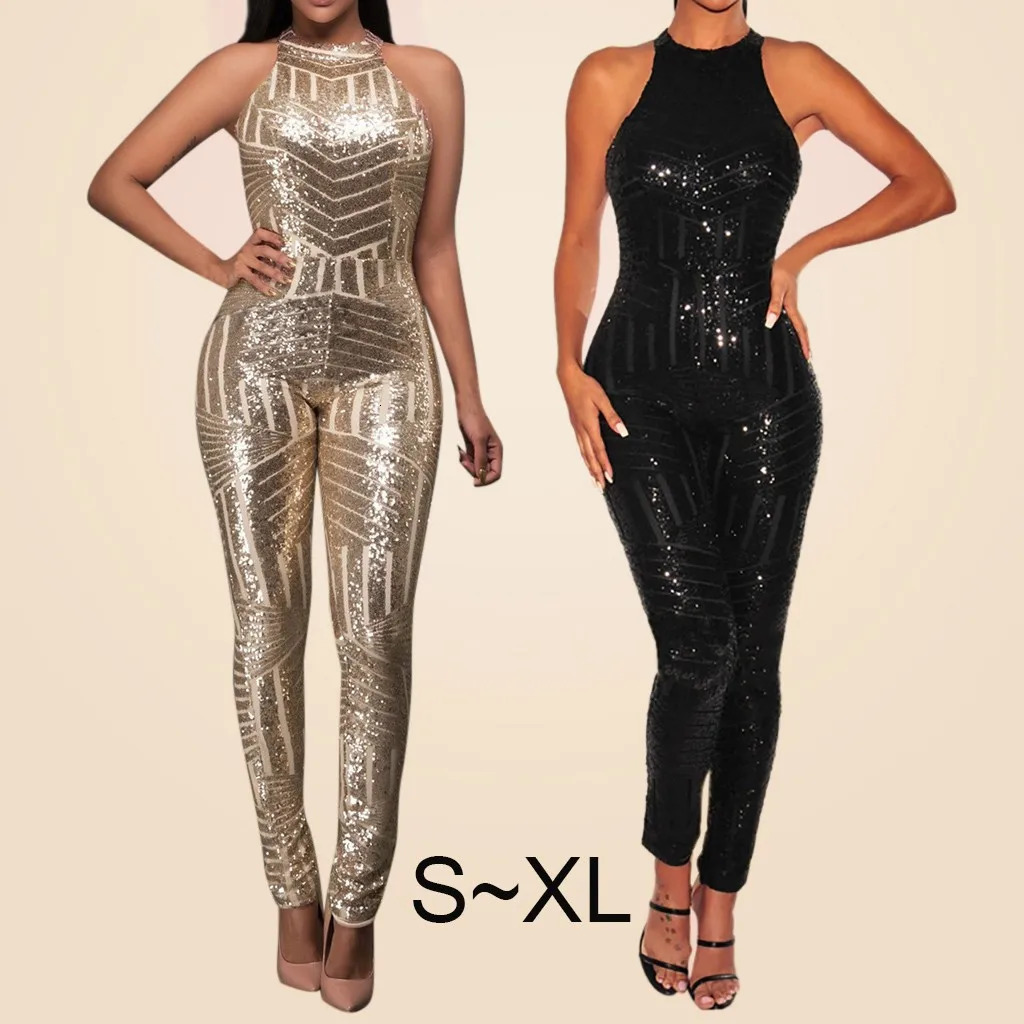 Sequin Off Shoulder Women Jumpsuit Oneck Sleeveless Casual Jumpsuits Rompers Sexy Clubwear Party Playsuits Combination Femme 250227