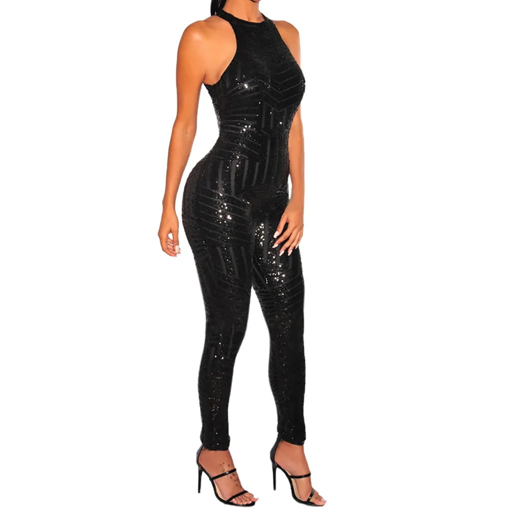 Sequin Off Shoulder Women Jumpsuit Oneck Sleeveless Casual Jumpsuits Rompers Sexy Clubwear Party Playsuits Combination Femme 250227