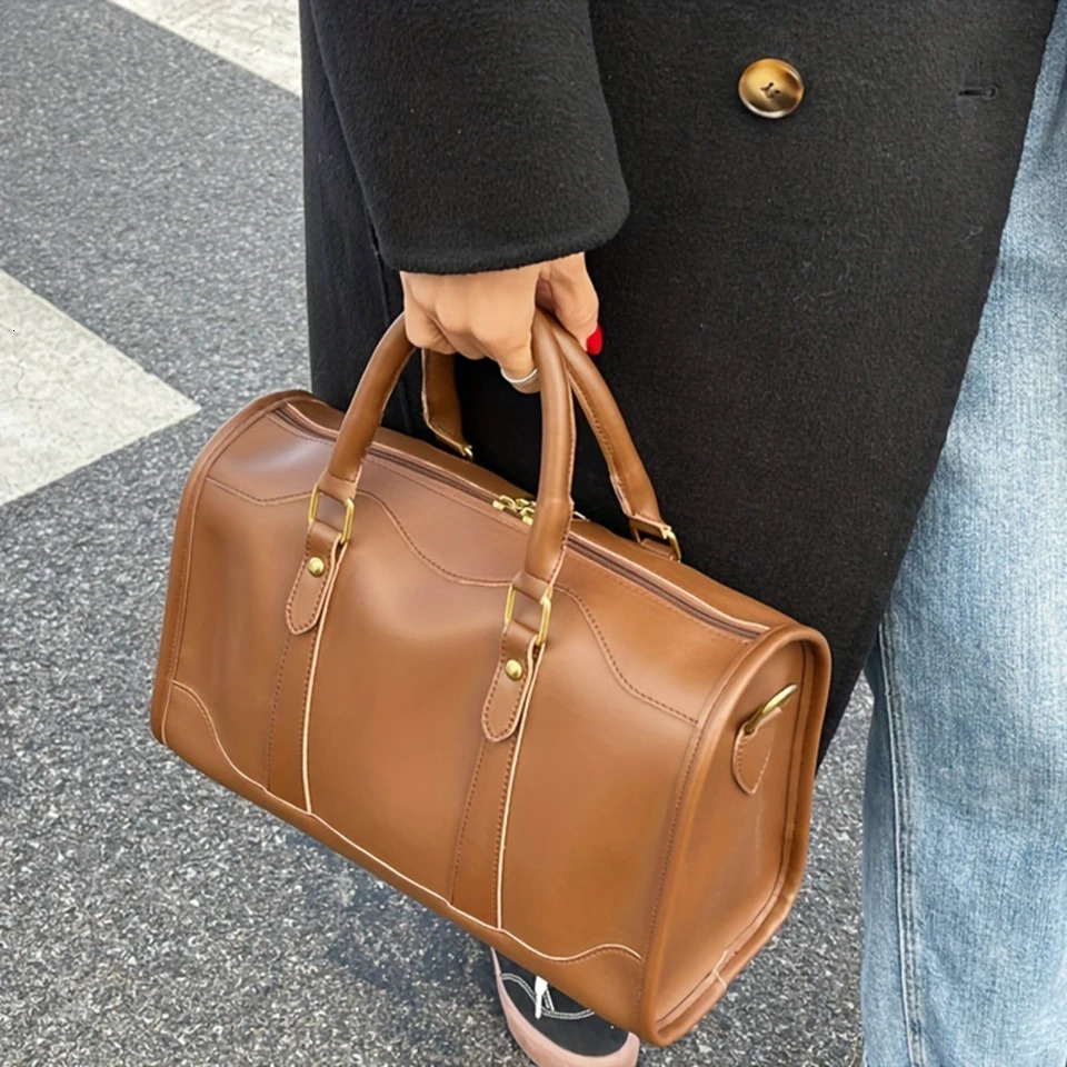 Ship from US Elegant Vintage Boston Bag Chic PU Leather with Removable Strap Secure Zip Perfect for Womens Daily Style and Travel 250227FBB
