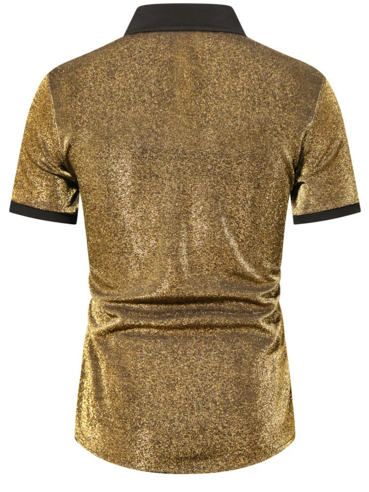 #4628 Gold Purple Silver Shinny Short Sleeve Shirt Men Split Joint Streetwear Mens Shirts Regular Fit Party Night Club Hip Hop 250224