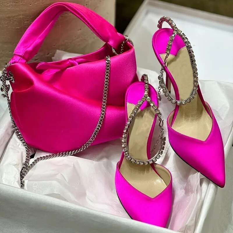 2024 New Satin Pumps Crystal Pendant One Word Rhie Chain High Heels Pointed Thin Heel Sexy Sandals Wedding Shoes
