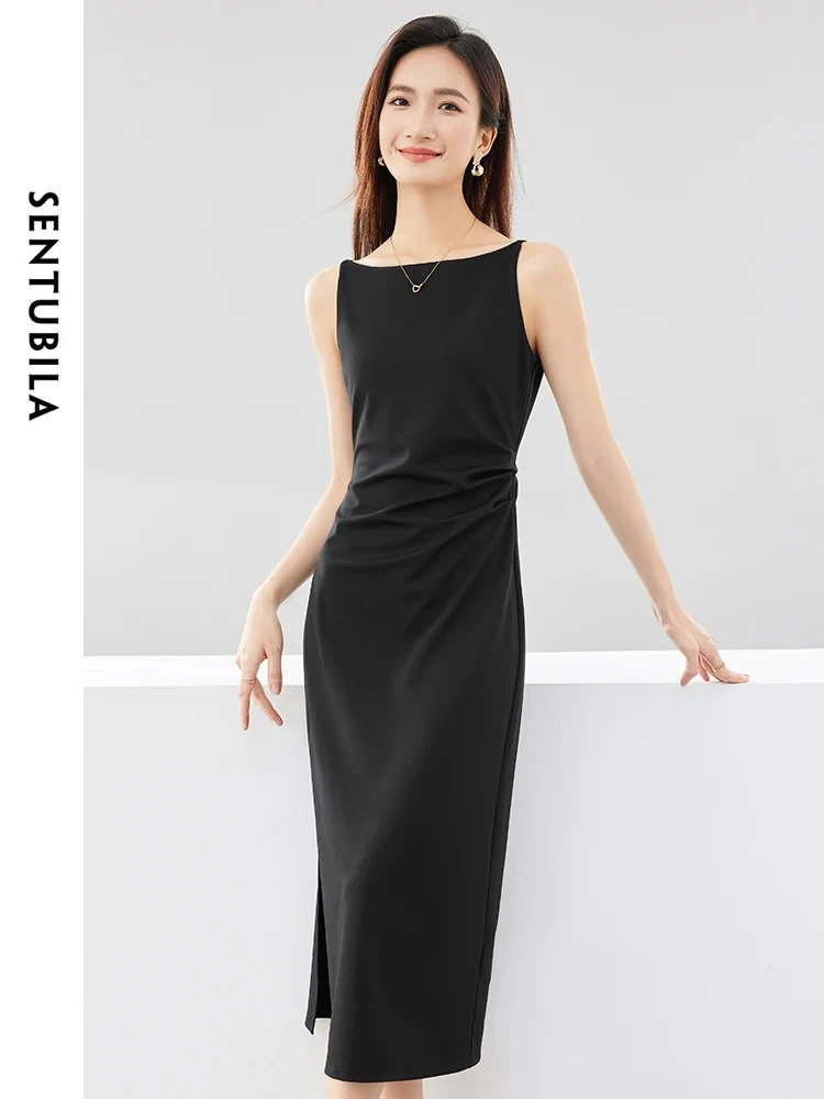 SENTUBILA Simple Party Black Midi Dress Women Spring Autumn Slim Temperament Slash Neck Sleeveless Lady Dresses Q33L52443 250226