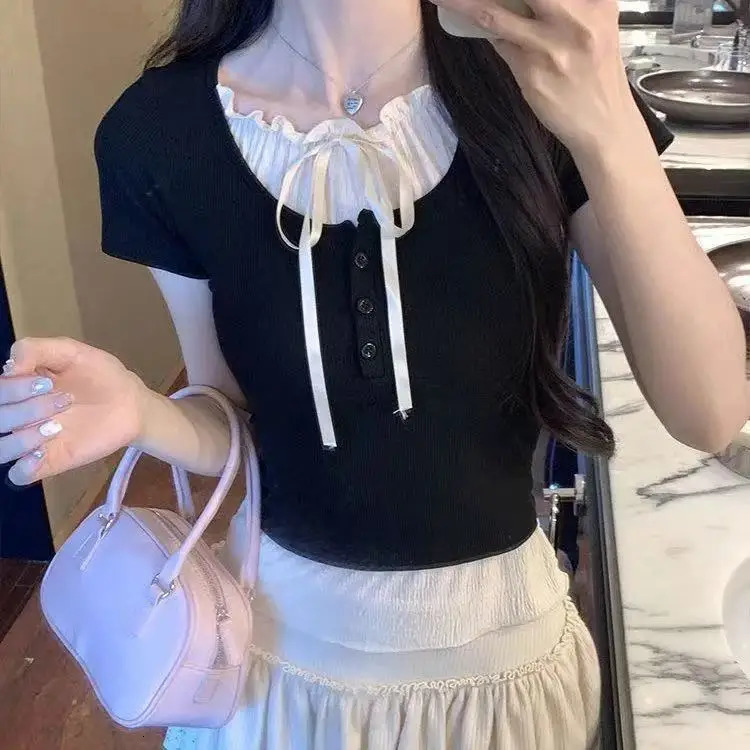 Lace Two Gray Women TShirts Summer Korean Fashion Slim ShortSleeved American Spice Girl Retro Sweet Short Tops 250226