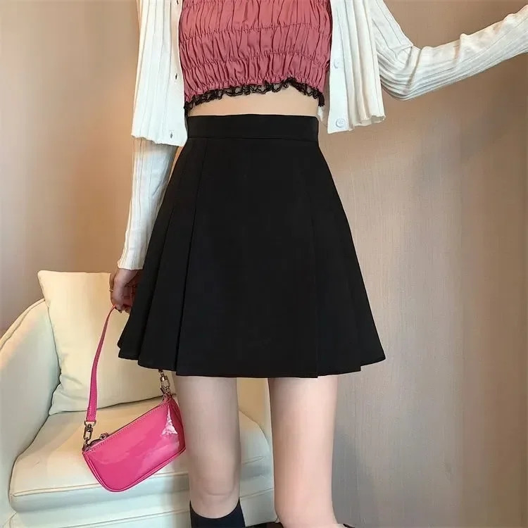 High-Waisted Slimming Petite Black A- Line Skirt Plus Size Multi-Fold Fresh Sweet Style Anti-Exposure Short Length Female Dress 250224