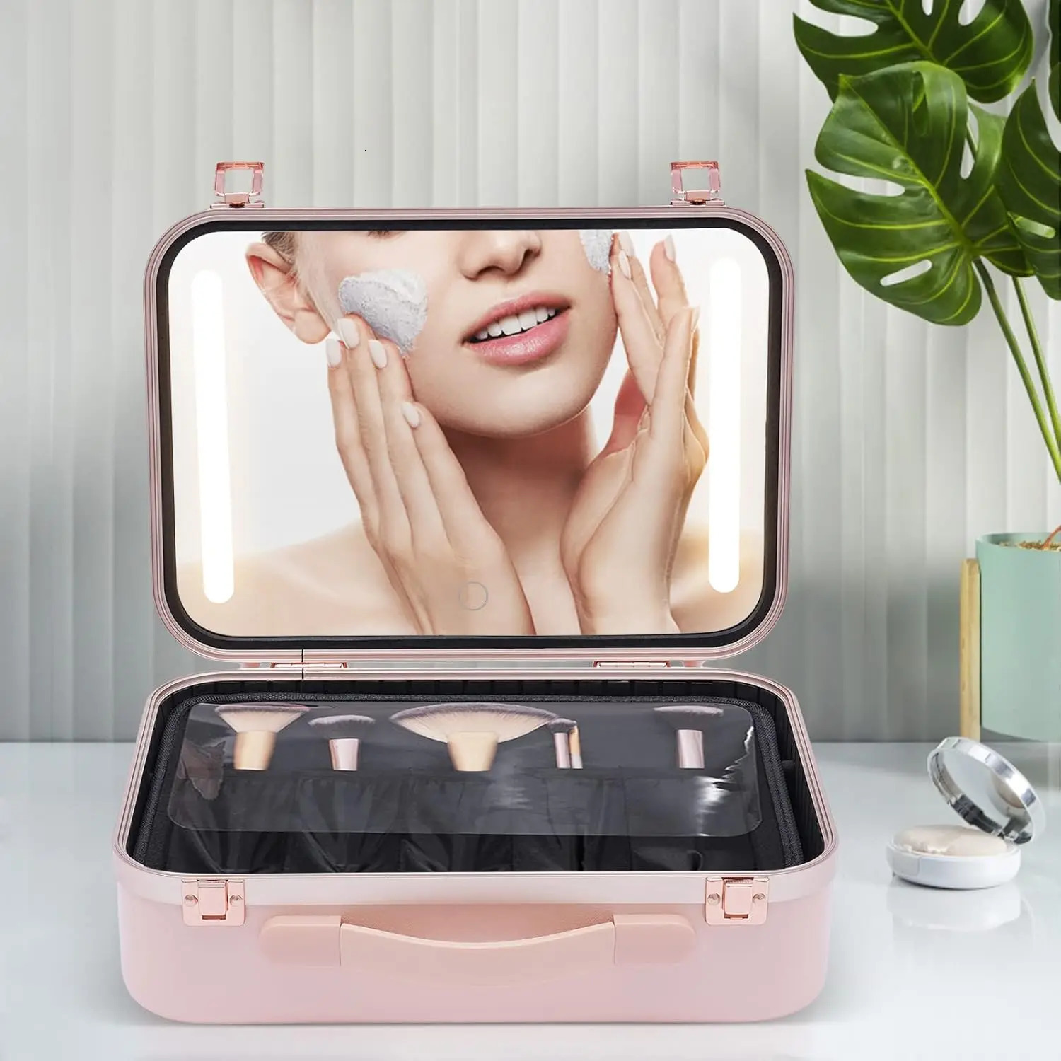 Ship from US 134 Inch Travel Makeup Case with Large Lighted Mirror Partitionable Cosmetic Bag Waterproof Portable Organizer Pink 250227FBB