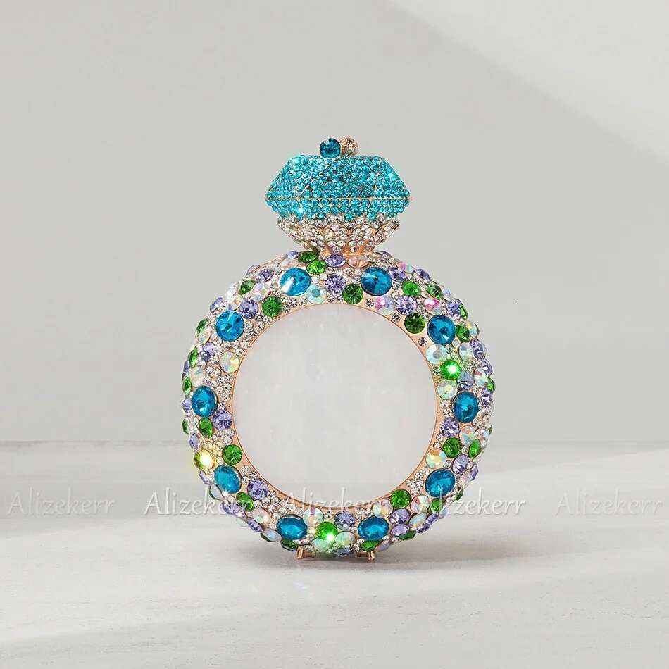 Alizekerr Perfume Bottle Shaped Crystal Evening Bags Women Gorgeous Classy Rhie Round Metal Clutch Purses Wedding Party