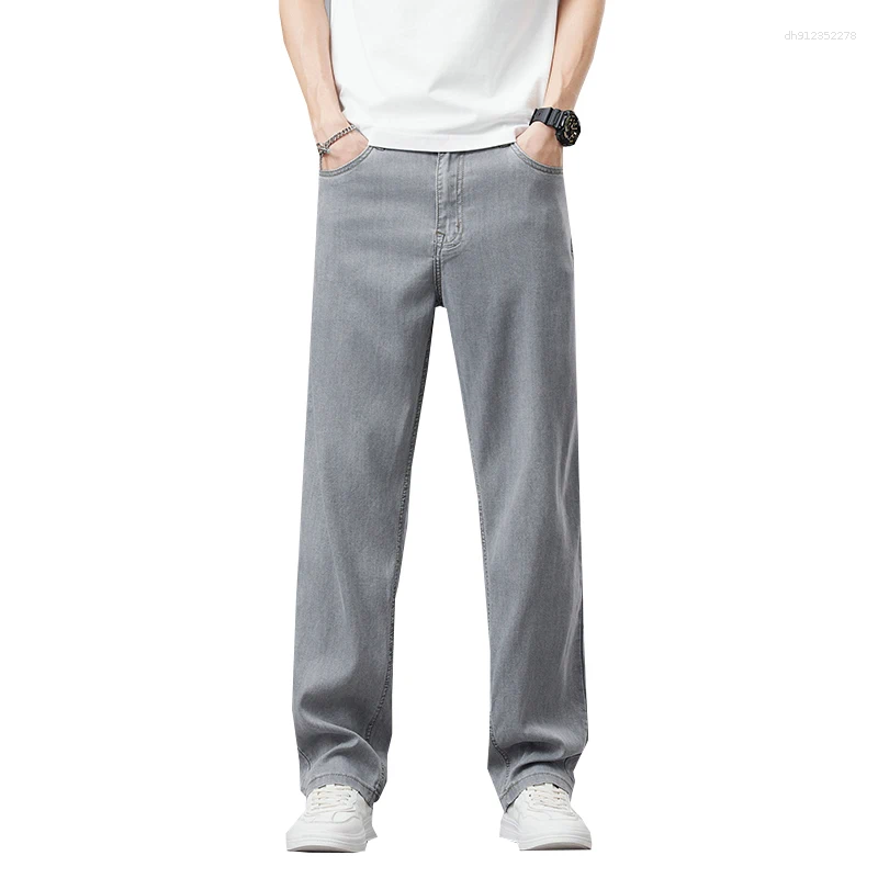 Men's Jeans Summer Lyocell Lightweight Denim Pants Men Super-soft Stretch Loose Straight Jean Mens Classic Fit Gray Trousers Male
