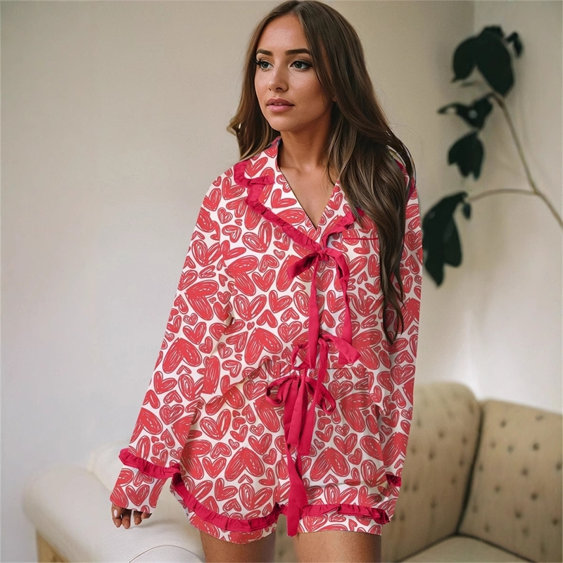 Women Tracksuits Two Pieces Set 2025 New Pleated Long Sleeved Thin Printed Valentines Day Pajamas Casual Set 5 Colors