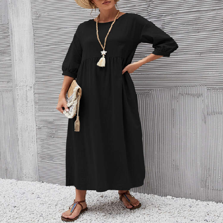 Women's European American Solid Color Lantern Sleeve Loose Cotton and Hemp Pocket Dress 2025 New Casual Fashion Trendy Clothing