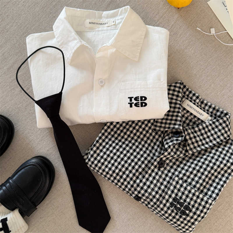 T-shirts Childrens Shirt 2025 Linlin Mom Spring New Product Male and Female Letter Tie Shirt Baby Versatile Checkered ShirtY250227I47C