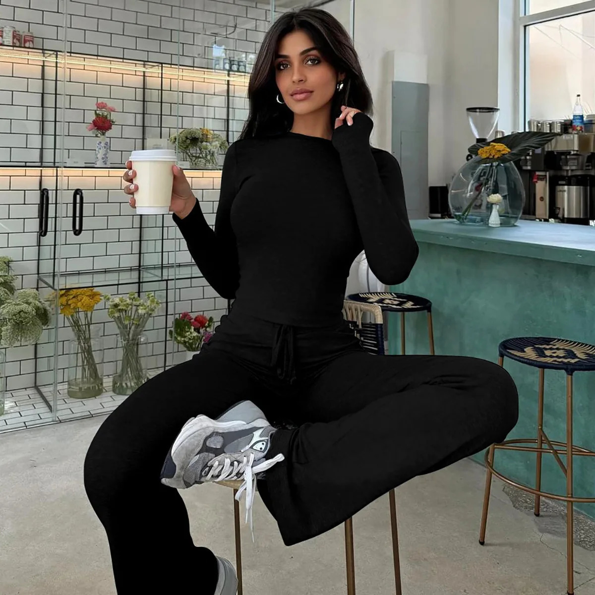 Elegant Solid Two Piece Sets Women Long Sleeve Slim ONeck Crop Tops Drawstring Flare Pants Suit Lace Up Outfits Streetwear 250226