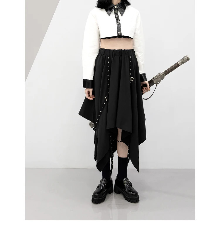 Irregular Skirt s Dark Tie Street Punk Wind Weave Buckle Medium-length Y2k Gothic Long Skirt 250226