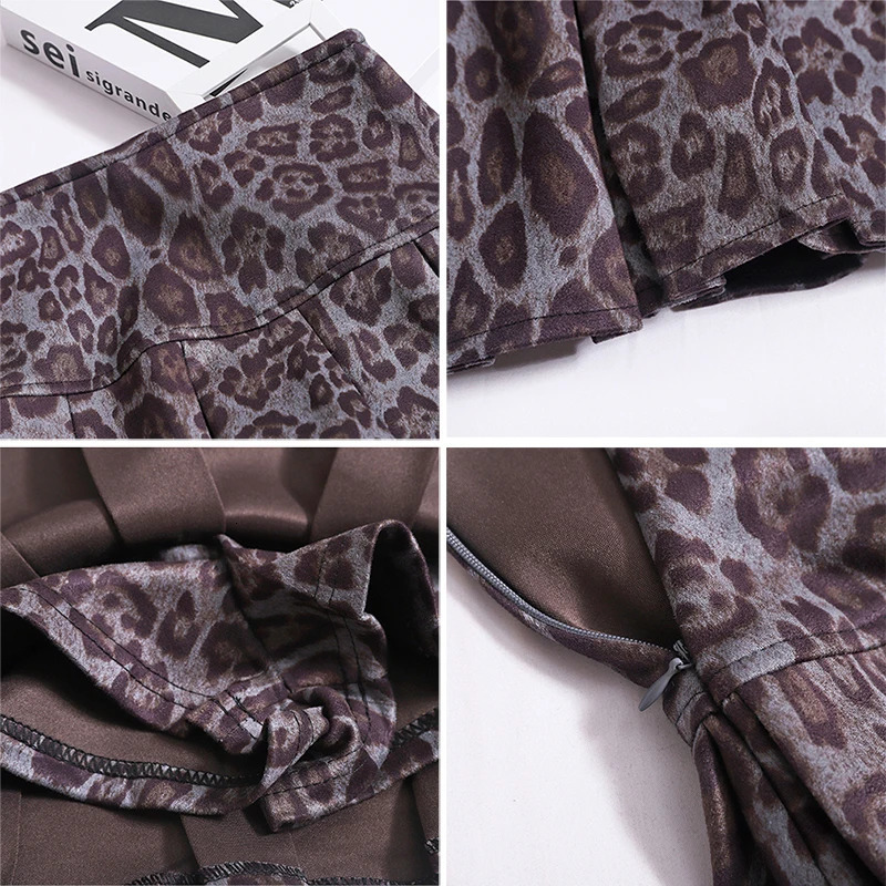 Women Fashion Leopard Print Pleated Skirt Sexy High Waist Leather Fluffy Skirt Chic Zipper Bodycon A-line Mini Skirt Streetwear 250224