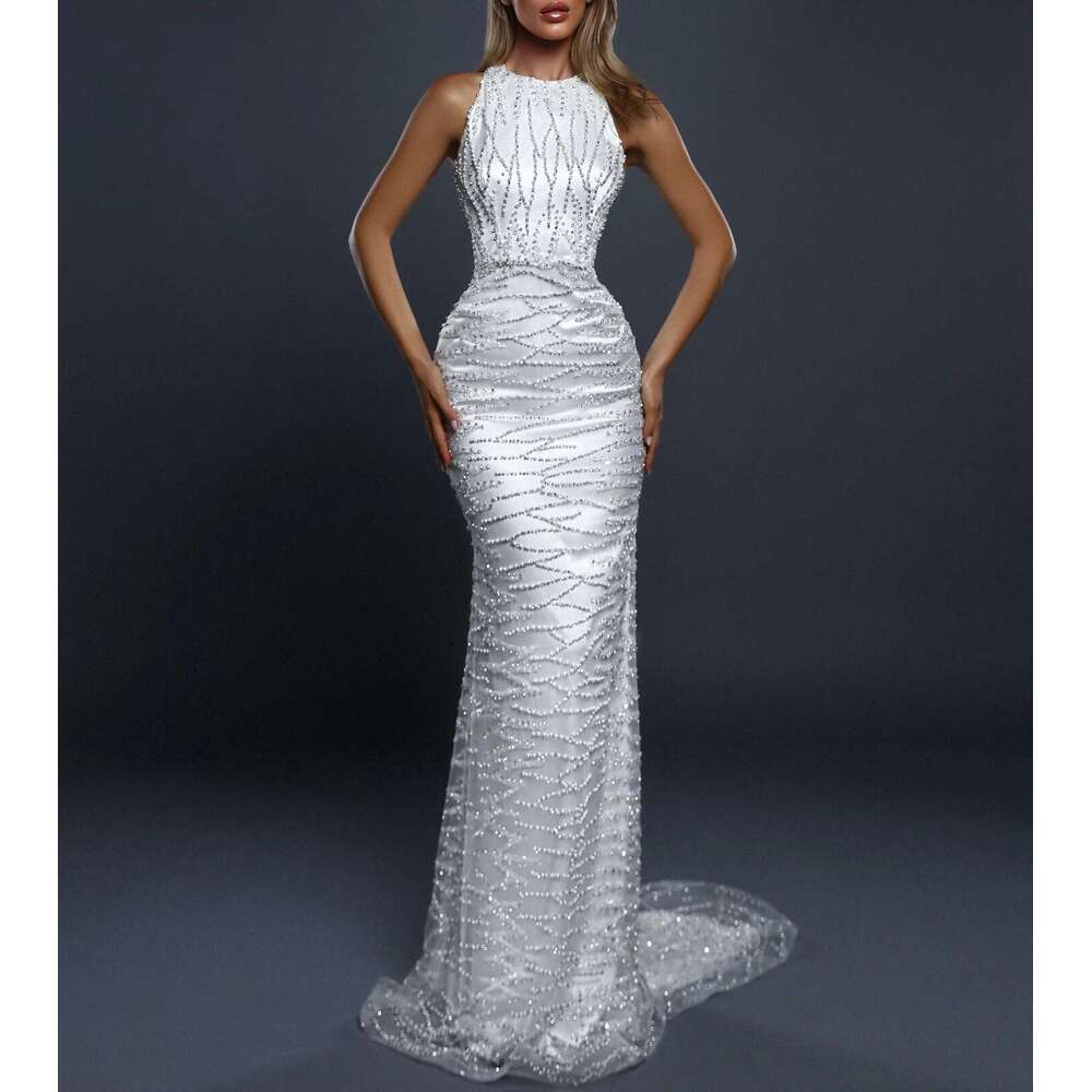 Sleeveless Mermaid Dresses with Neck Pearls, Zipper Wedding Dresses, Tulle and Satin, Custom Design, Exquisite