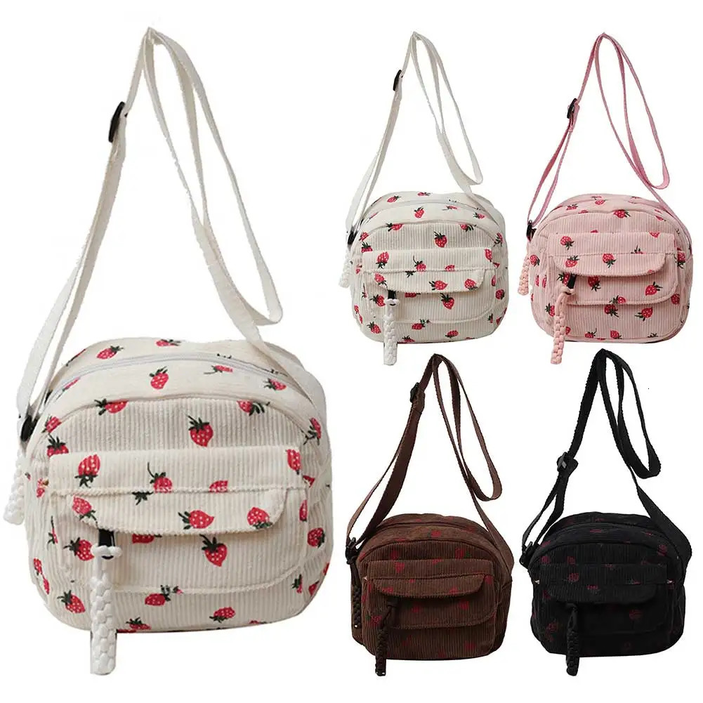 Ship from US Cute Strawberry Shoulder Bag Corduroy Trendy Crossbody Casual Zipper Messenger for Women Travel Work 250227FBB