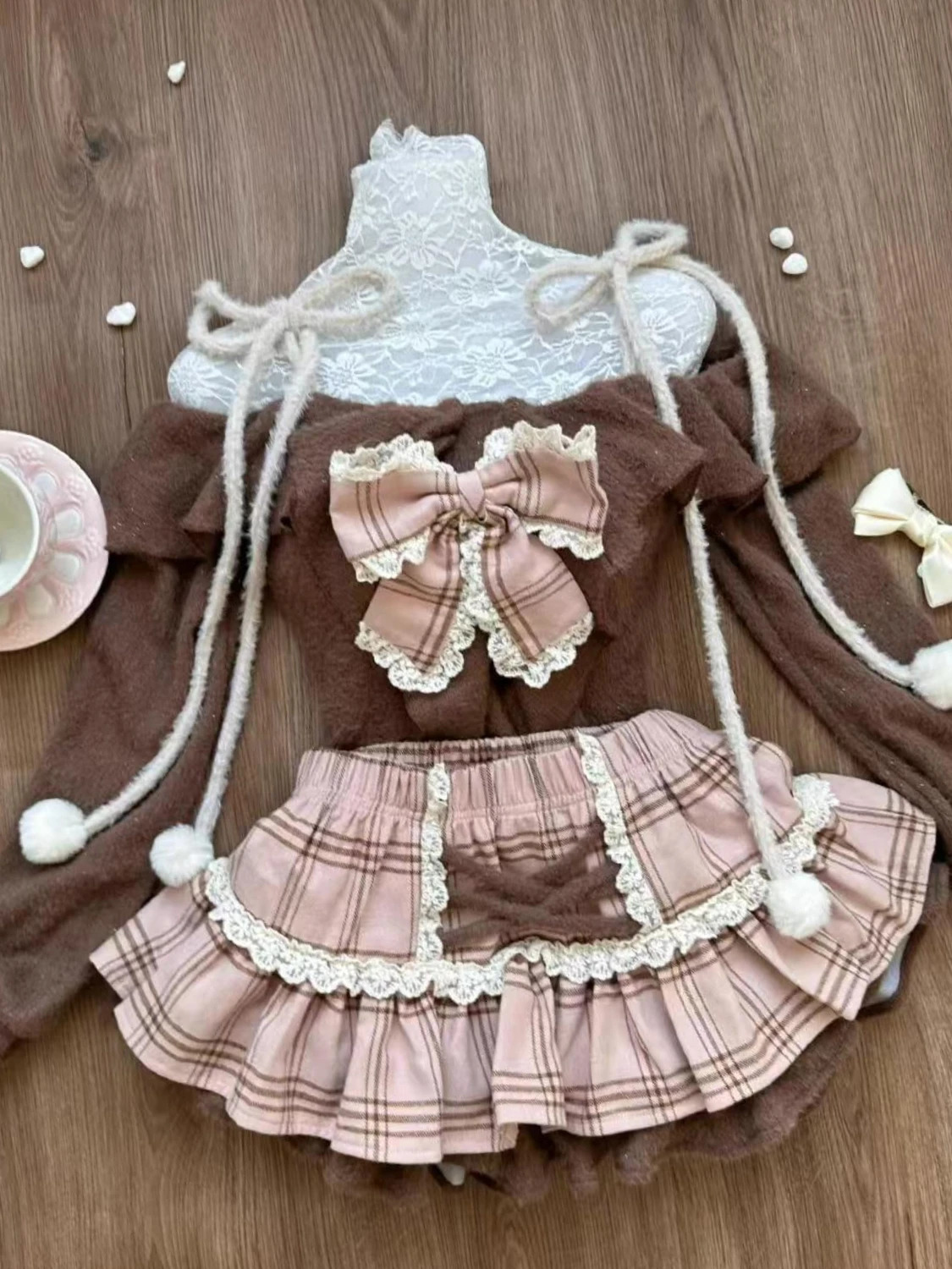 Japanese Sweet Cute Skirt Two Piece Set Spliced Lotus Leaf Edge Waist Cinching Slimming One Shoulder Top High Waist Cake Skirt 250227