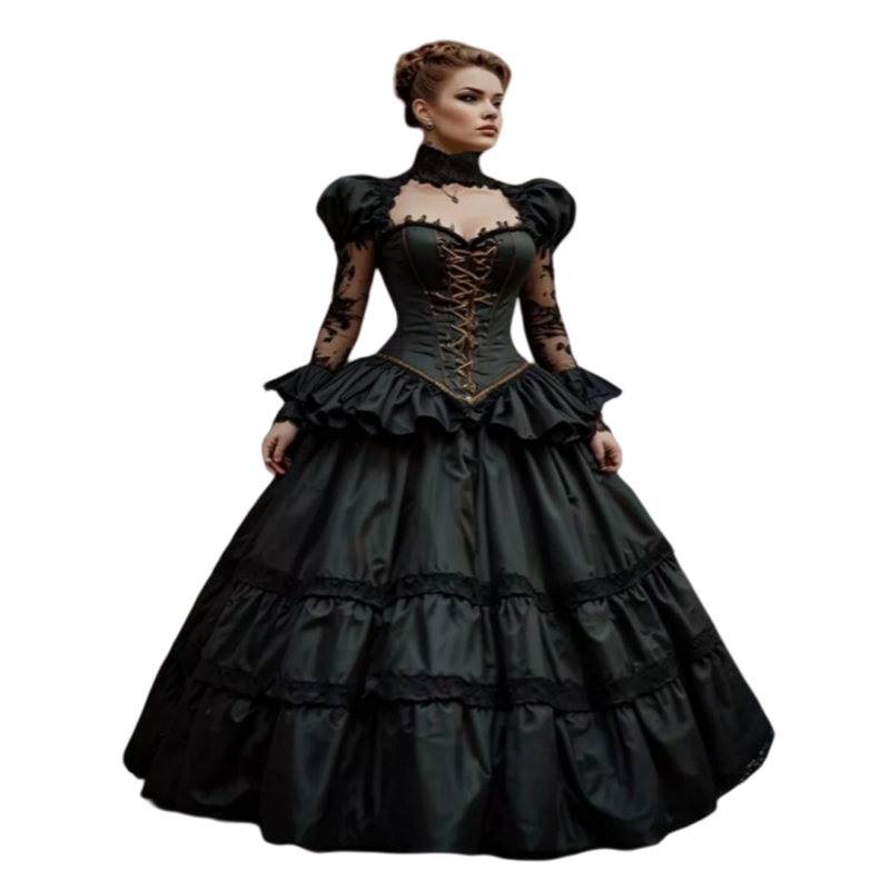 Vintage Black Gothic Prom Dresses High Neck Illusion Long Sleeves A-Line Floor Length Evening Gown Corset Victorian Masquerade Dress For Women 2025