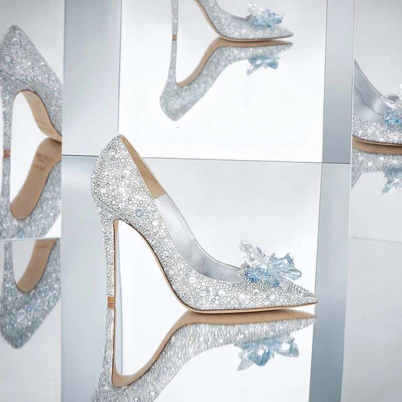 Red Crystal Covered Pointy Toe Pumps Rhie Cinderella Heels Wedding Bridal Stiletto Heel Women Shoes