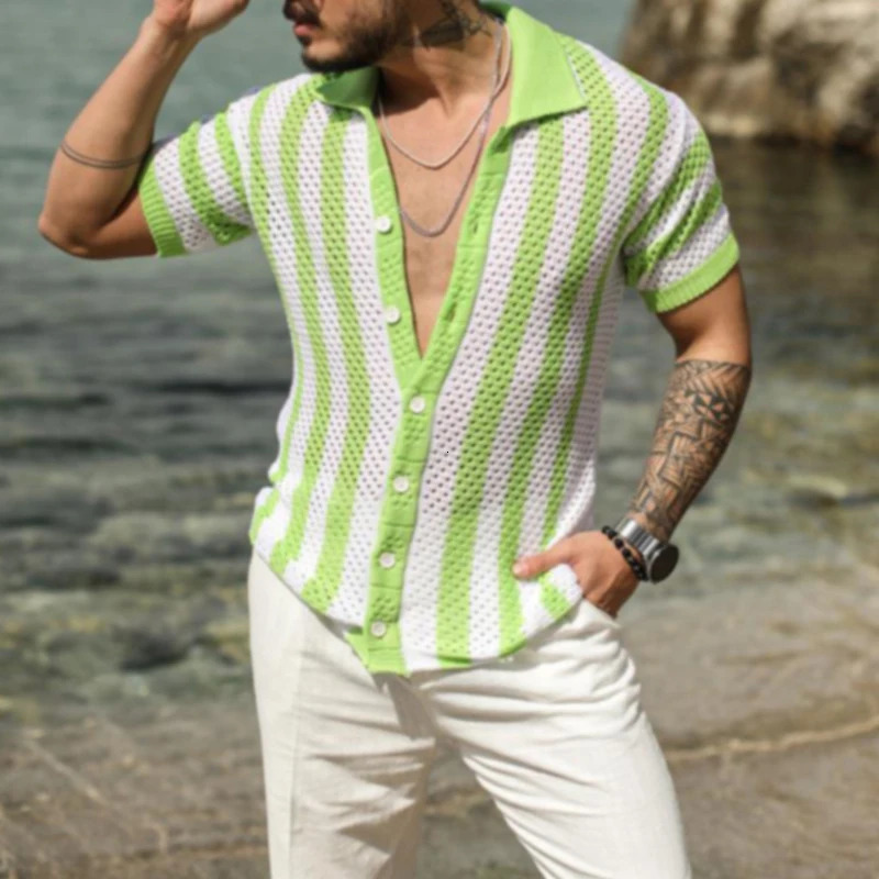 Knitted shirt mens fashionable hollow breathable beach open top shirt short sleeved mens summer button up lapel casual knitted shirt 250224