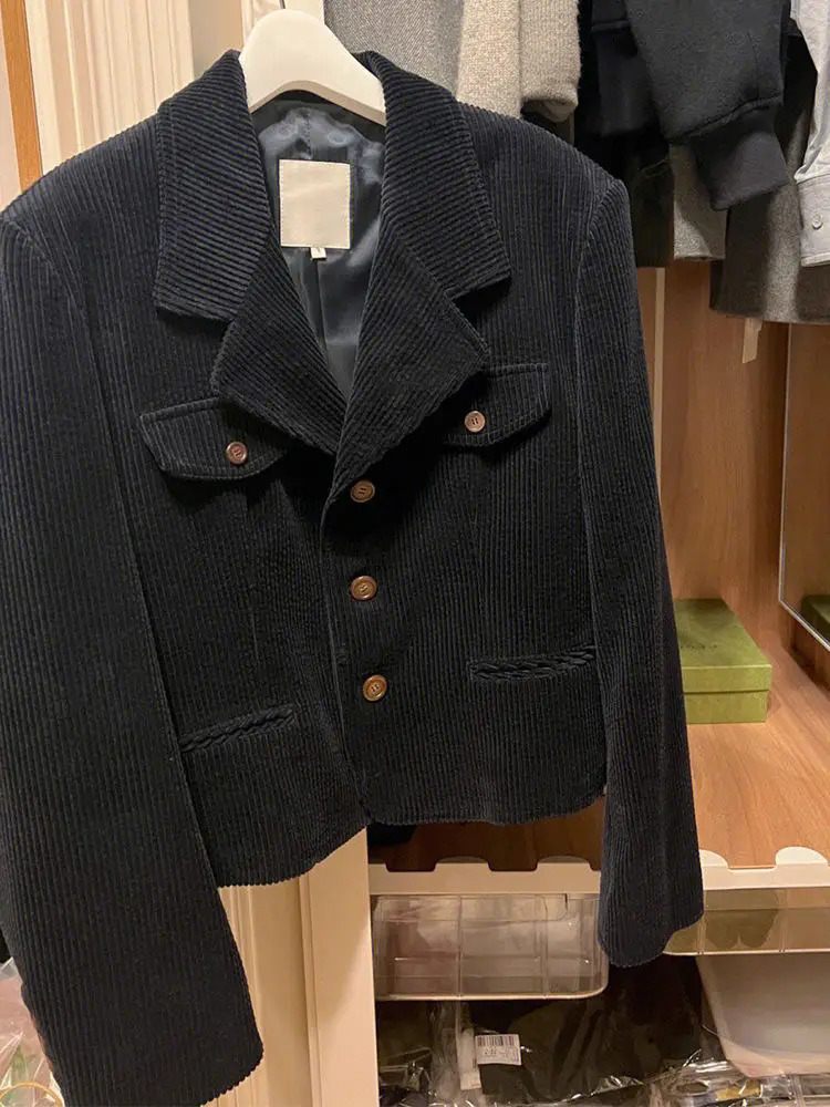 Spring And Autumn Black Corduroy Suit Jacket For Women Short Flip Collar Casual Top 250227