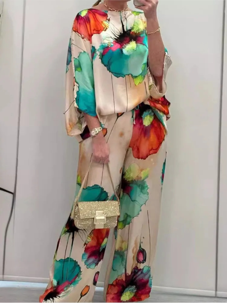 Casual Sets for Women 2 pieces Summer Fashion Printed Satin Two Piece Sets Women Sexy Round Neck TopWide Leg Long Pants Outfits 250320