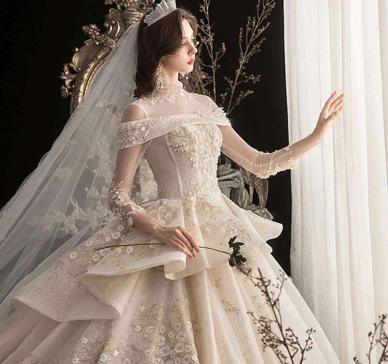 Romantic Ball Gown, Custom Wedding Dresses, ral-Applique, High Neck, Pleated Shoulder, Cut Out, Designer