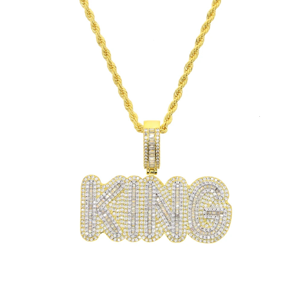 Mens Hip Hop KING Letters Pendant Necklace With 3mm Rope Chain Arrive Iced Out Bling HipHop Rock Male Charm Jewelry 250227