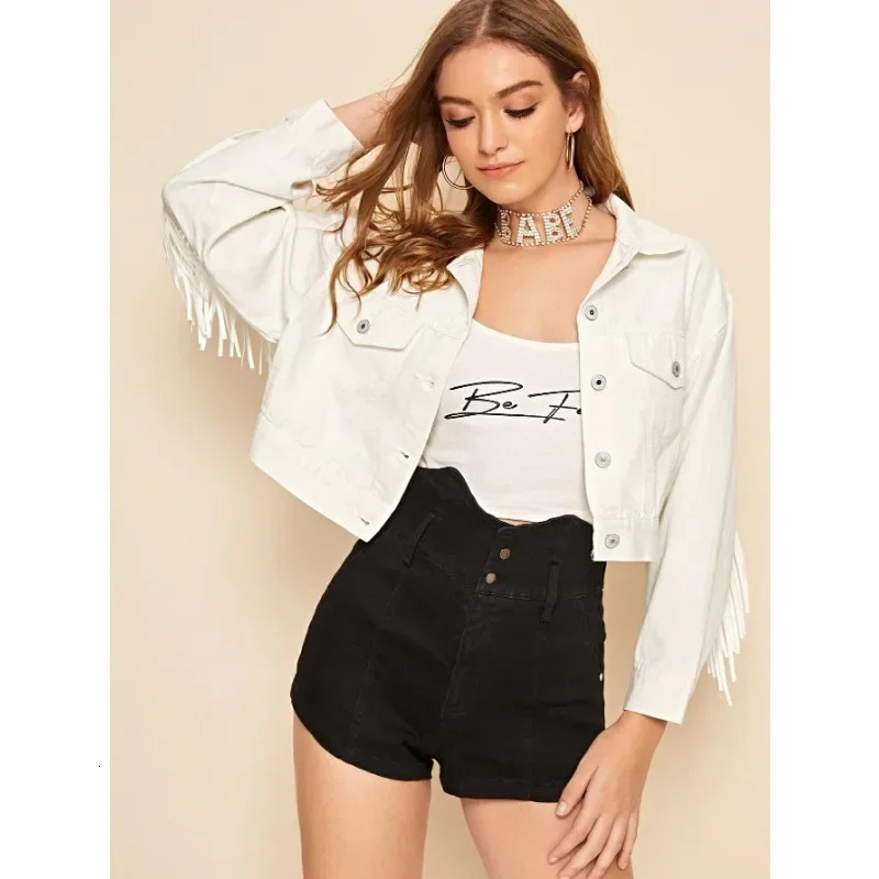Womens White Jacket Spring and Autumn Tassel Denim 250227