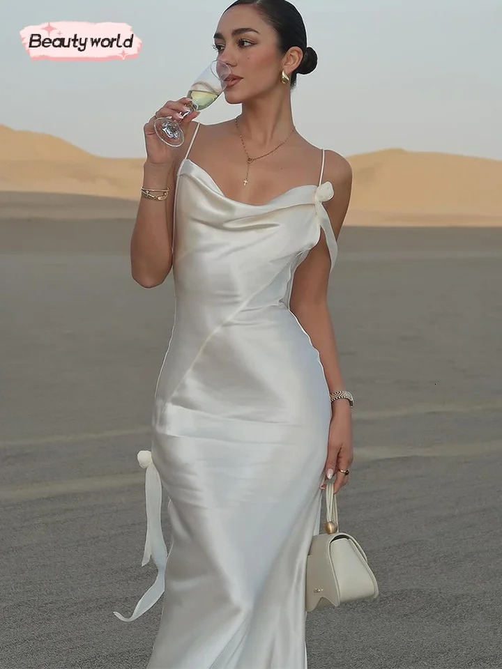 Sexy White Ribbon Silk Satin Sling Dress For Women Elegant Swing Collar Backless Long Dresses Women Beach Vacation Robe 250225