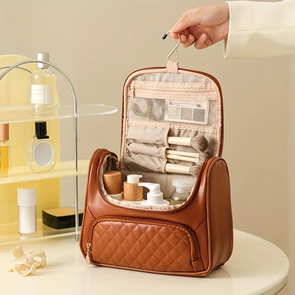 Ship from US Bedding PU makeup bag with hooks portable zipper travel toilet large capacity cosmetics organizer 250227FBB
