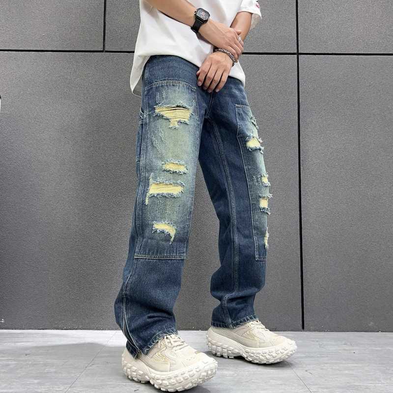 Washed distressed fashionable and trendy jeans American style trendy mens high street loose fitting straight leg mens jeans X250227