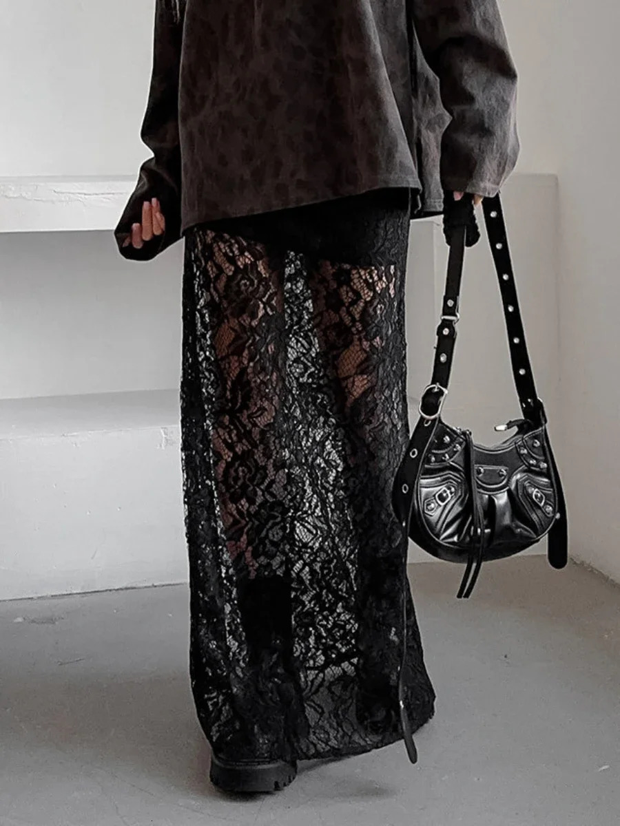 Wolfeel Womens Half Length Skirt Summer Retro Fashionable And Versatile Lace Skirt Slim Fit Sexy Black Stulish Long Skirts 250224