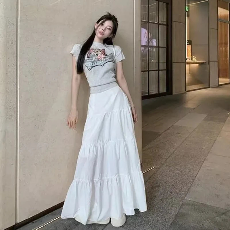Y2k Clothes Women Skirts Vintage High Waist Elastic Patchwork White Chic Long Cake A-line Skirt Streetwear 250226