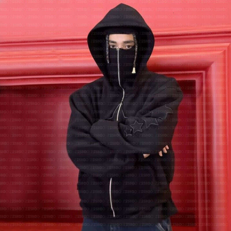 Daily personalized zipper, star patch fabric, casual cardigan, dark pocket top, hooded sweatshirt, autumn and winter hoodie