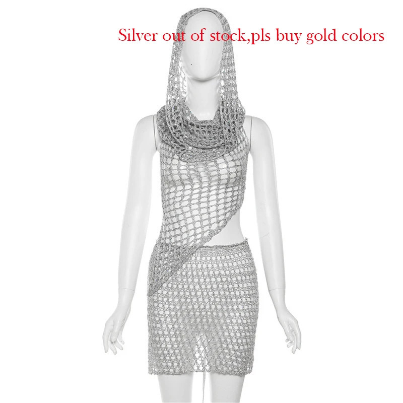 Gtpdpllt Y2k Sexy Two Piece Set Hollow Out Knit Sequin Hooded Crop Top And Mini Skirt Crochet Rave Festival Outfits For Women 250226