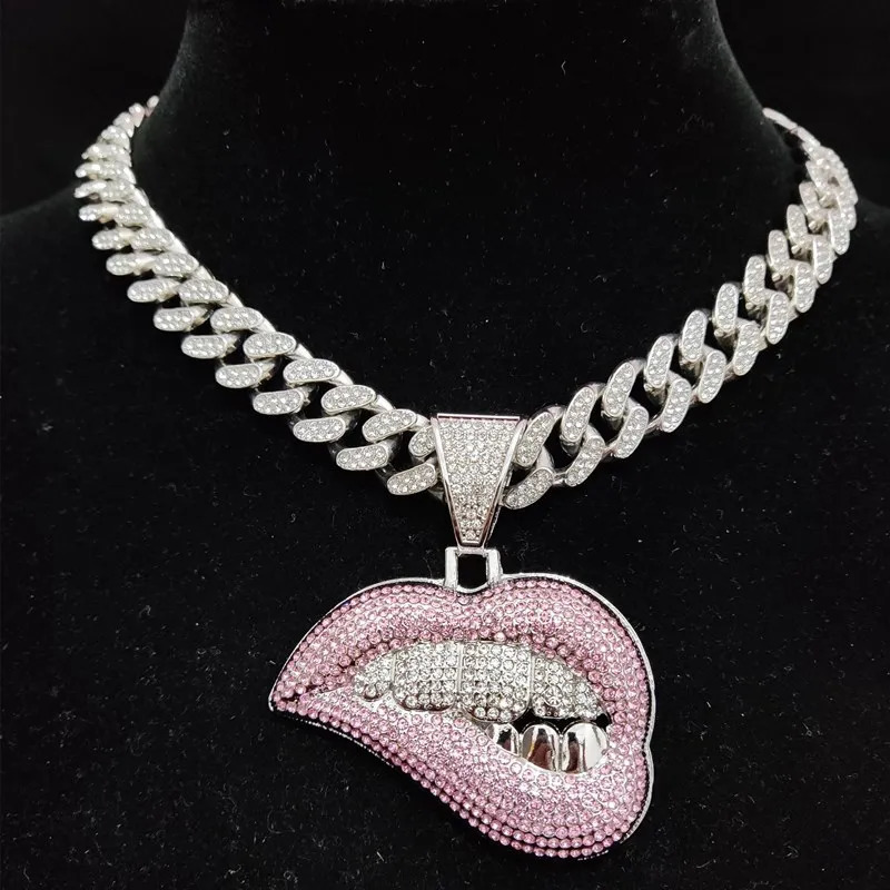 Men Women Hip Hop Bite Lip Shape Pendant Necklace with 13mm Crystal Cuban Chain Iced Out Bling HipHop Necklaces Fashion Jewelry 250227