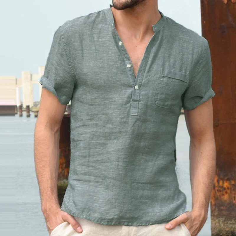Mens Casual Hip Pop TShirt Summer ShortSleeved Linen Shirts With StandUp Collar Soild Shirt Buiness To 250226
