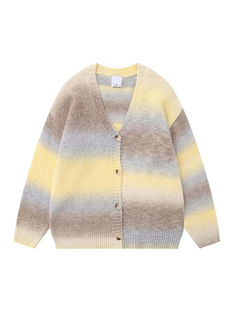 American Retro Striped College Style Knitted Sweater Unisex Autumn Vneck Casual Commuting Tops Fashion Mens Button Cardigan 250226