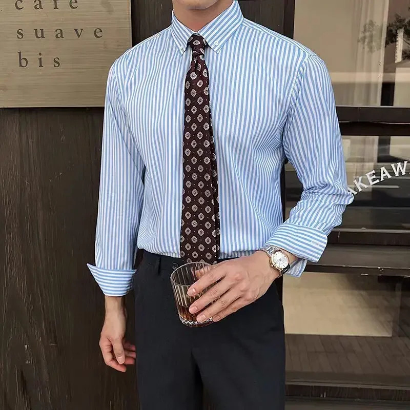 Elegant Mens Shirts Stripe Pattern Check Shirt High Quality Button Up Shirts a Fashion Long Sleeve Shirt Man Mens Clothing 250224