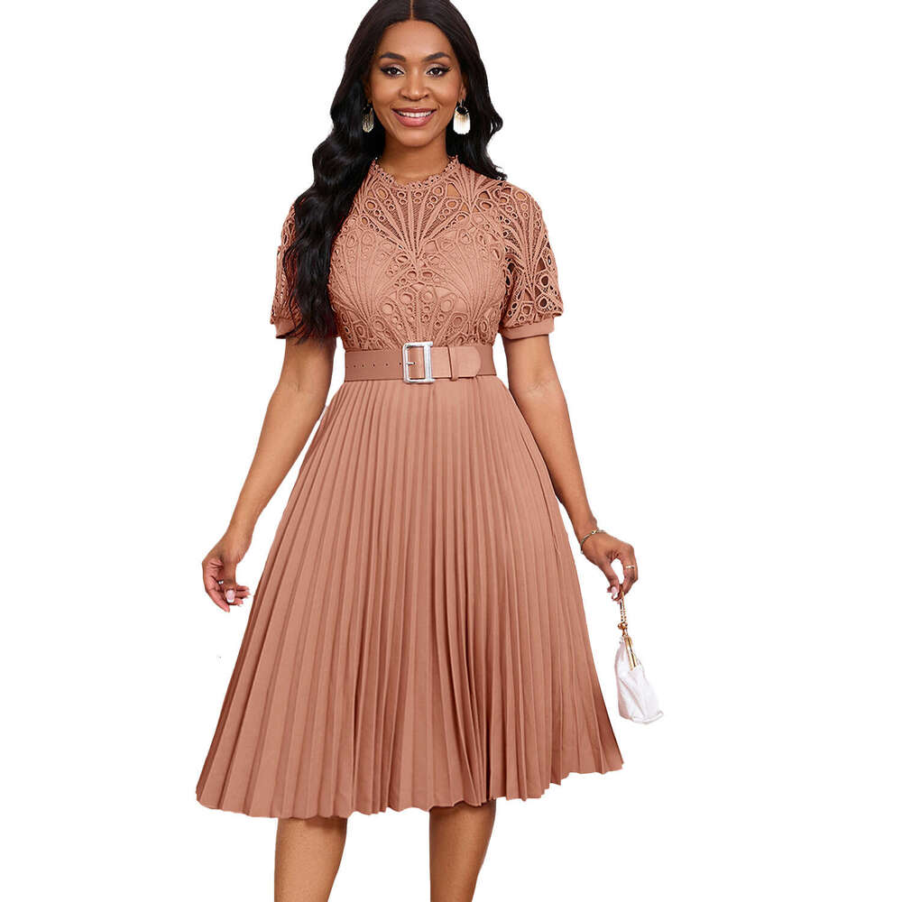 D499 European and American women's short sleeved lace patchwork pleated formal dress 2025 new style temperament chic elegant clothing