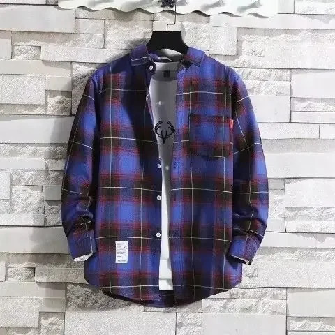Harajuku Style Yellow Plaid Shirt For Men And Women Casual Loose Fit Long Sleeve British Fashion Trendy Couple Clothing 250226