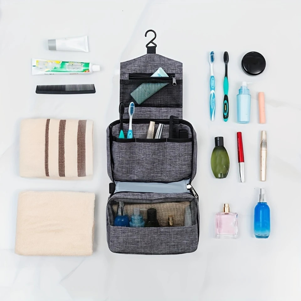 Ship from US Polyester 300D Cationic Bathroom Hanging Toiletry Bag Makeup Cosmetic For Woman And Man Large Capacity PVC Waterproof P 250227FBB