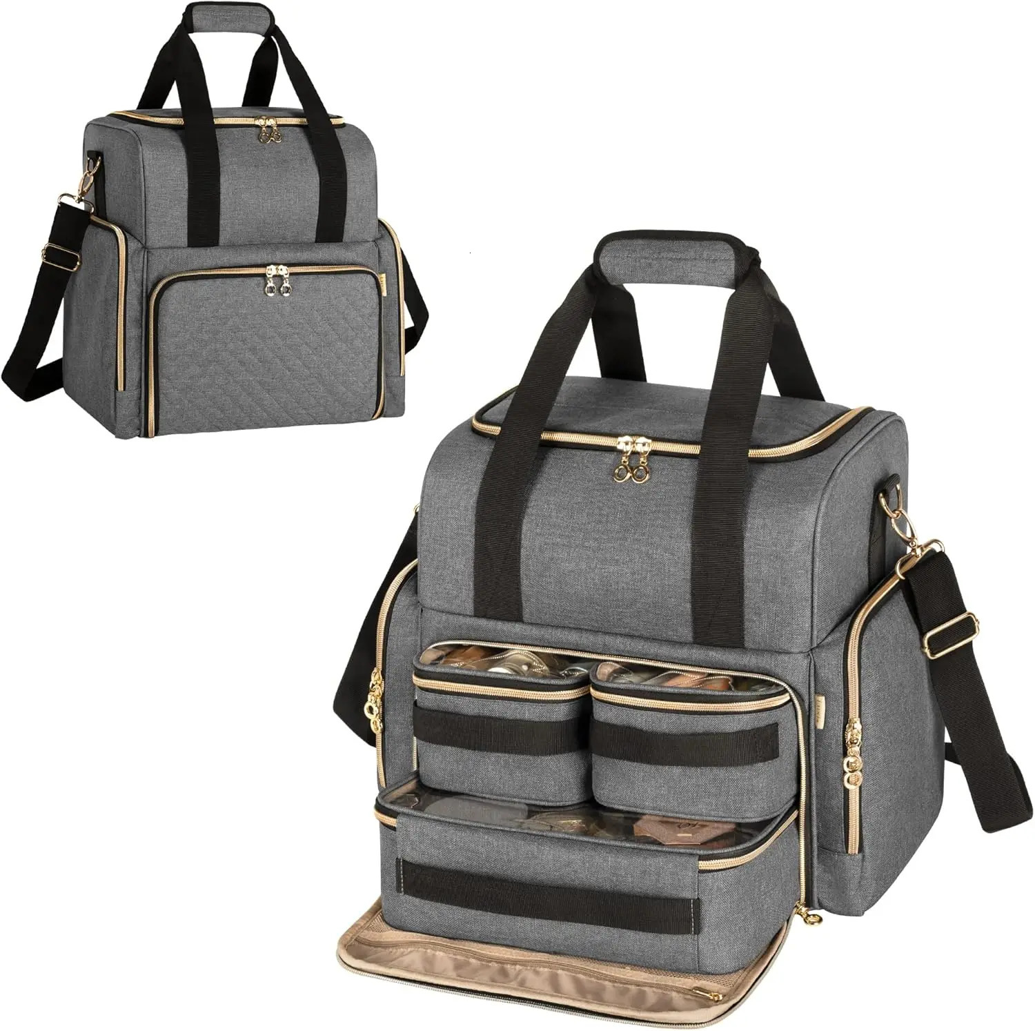 Ship from US Large Travel Makeup Bag with 3 Removable Cases Cosmetic Detachable Dividers Patent Pending Gray 250227FBB