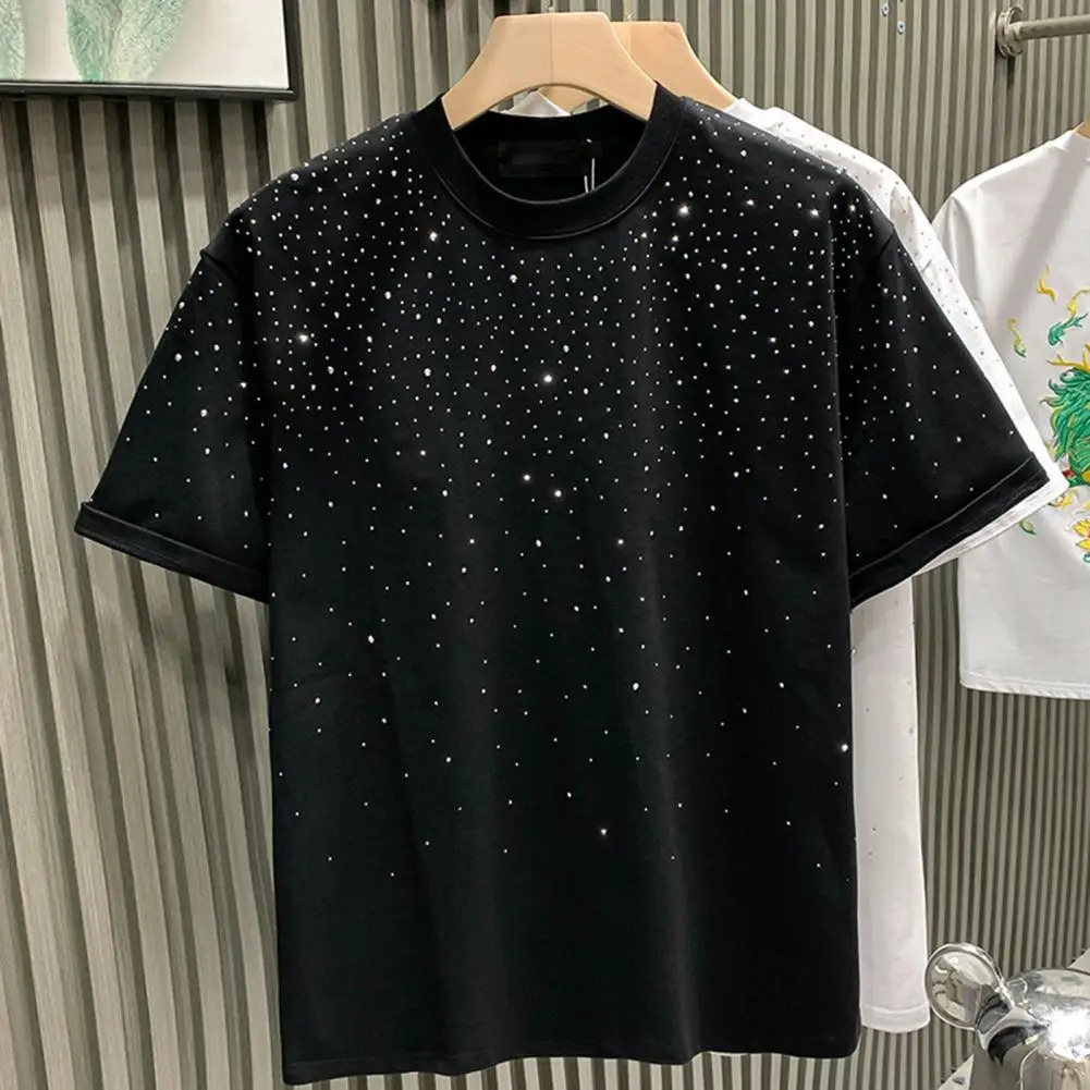 Summer Men T-shirt Rhinestone Decor Round Neck Loose Pure Color Short Sleeves Pullover Casual Mid Length Daily Wear Sport Top 250226