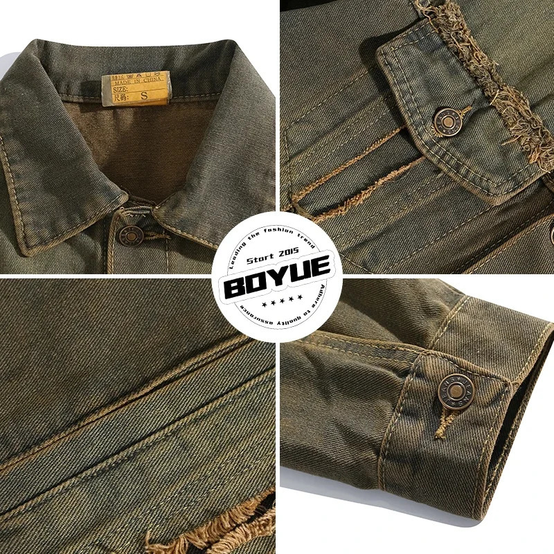 Mens and womens washed Distressed Raw edged Denim jacket European and American heavy industry handsome loose casual street punk jacket 250225