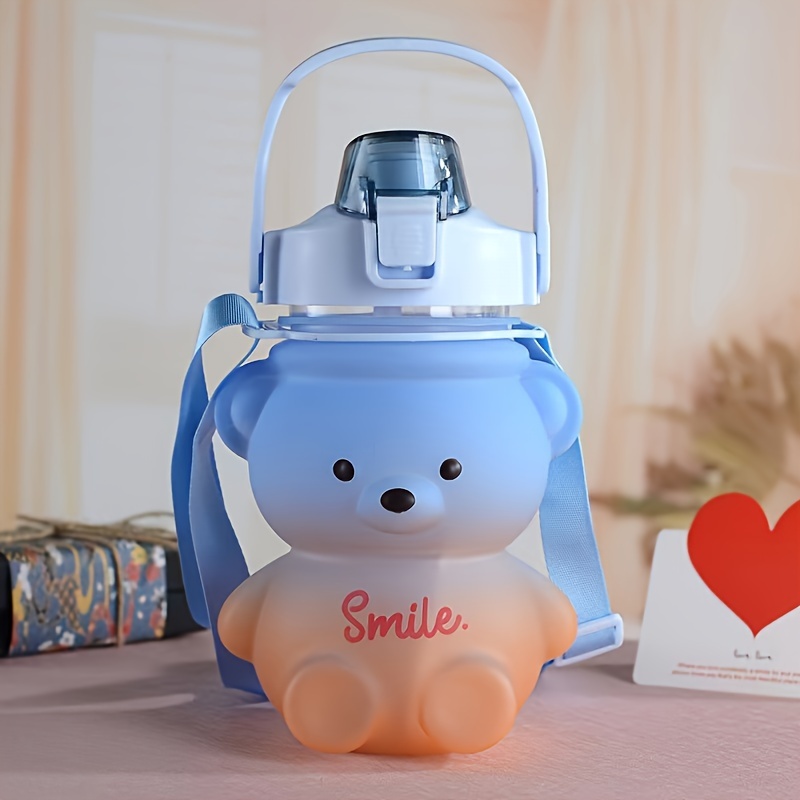 1000ml Flip Straw Adorable Bear Water Bottle for Kids Cute Teddy Bear Water Bottle with Strap